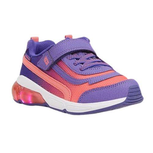 Childrens purple light-up sneakers with lace-up front, velcro strap, and memory foam footbed.