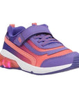 Childrens purple light-up sneakers with lace-up front, velcro strap, and memory foam footbed.