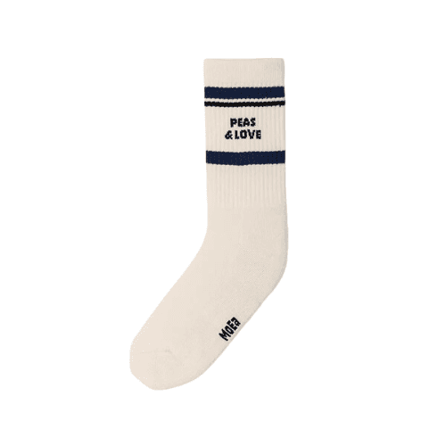 White bamboo crew sock with navy blue stripes, featuring the text 'Peas & Love' in bold. Sustainable and stylish plant-based women's sock.