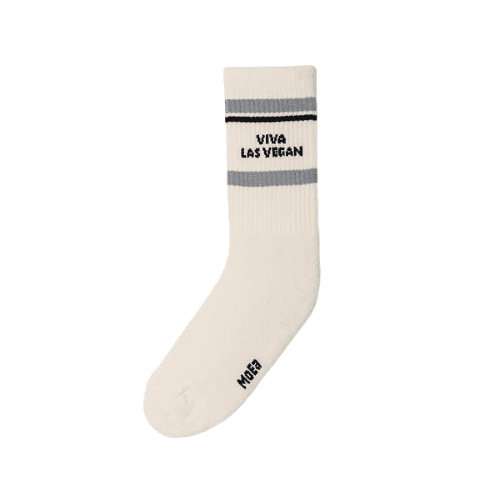 White bamboo crew sock with gray and black stripes, featuring the text 'Viva Las Vegan' in bold. Comfortable and eco-conscious women's sock.