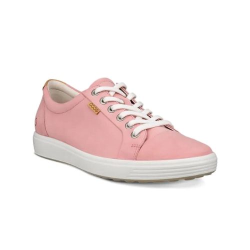 Pink leather upper sneaker with a brown Ecco logo tag near the white laces and a white midsole and a beige outsole. 