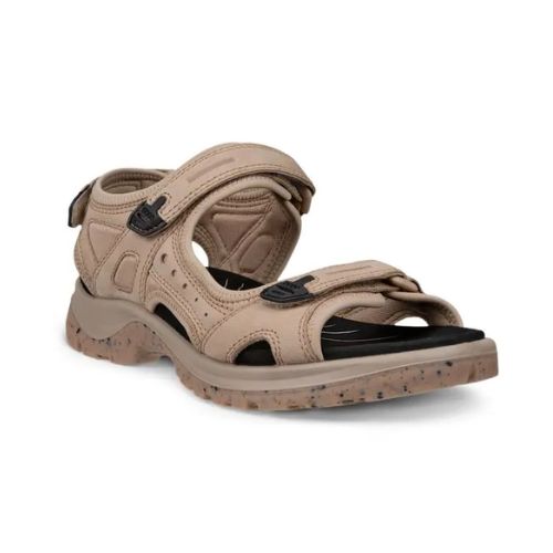 An Ecco Yucatan soft brown nubuck sandal with black accents on heel, instep and toe velcro straps, a black footbed, and a soft brown speckled outsole. 