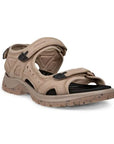 An Ecco Yucatan soft brown nubuck sandal with black accents on heel, instep and toe velcro straps, a black footbed, and a soft brown speckled outsole. 