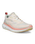 An Ecco light tan mesh sneaker with pink midsole and beige outsole. Laces are white and there is a pink heel tab.