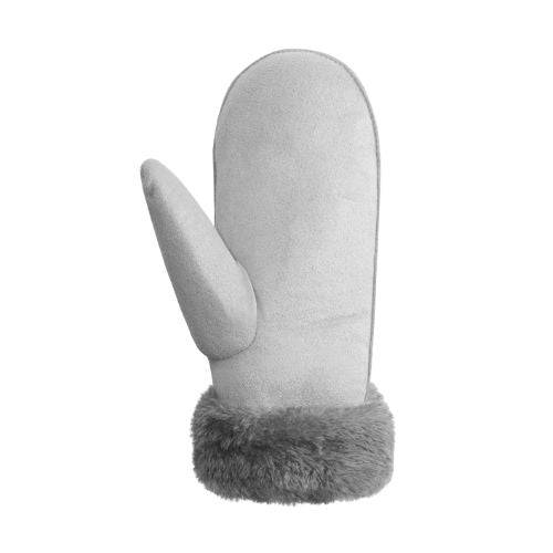 Palm of an Auclair white faux suede 
fingermitt with thick grey fur cuff.