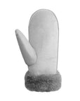 Palm of an Auclair white faux suede 
fingermitt with thick grey fur cuff.