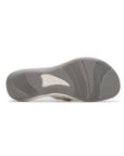 Dark grey outsole of Breeze opal thong sandal with white Clarks logo in triangle and wave design tred