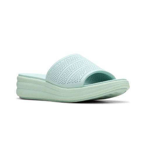 Top and profile for the Drift slide sandal with platform EVA and EVA band all in baby blue. Dotted perforations on upper and rounded lines on midsole for detailed design. 