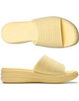 Top and profile for the Drift slide sandal with platform EVA and EVA band all in yellow. Dotted perforations on upper and rounded lines on midsole for detailed design. Clarks logo in while on heel of yellow footbed