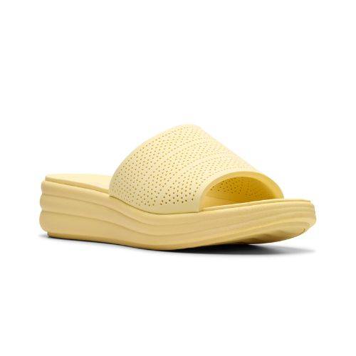 Drift slide sandal with platform EVA and EVA band all in yellow. Dotted perforations on upper and rounded lines on midsole for detailed design