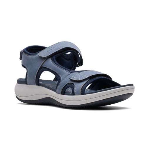 Blue walking sandal with Velcro on heel, toe and ankle strapes. Dark blue lining with lighter blue on the upper for contrast look. Light grey thick midsole and black rocker rubber outsole