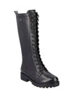 Tall leather lace up boot with lugged black outsole.