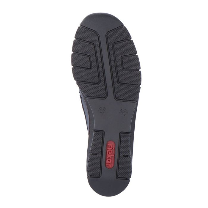 Black rubber outsole with red Rieker logo on heel.