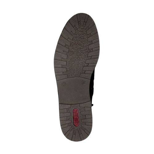 Boot sole with textured tread pattern, featuring a red logo imprint and shock absorbing rubber outsole.