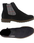 Black ankle boots with plaid elastic band, brown sole, and shock-absorbing rubber outsole, shown from side and top views.