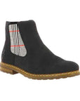 Black ankle boot with plaid elastic band and shock-absorbing rubber outsole.