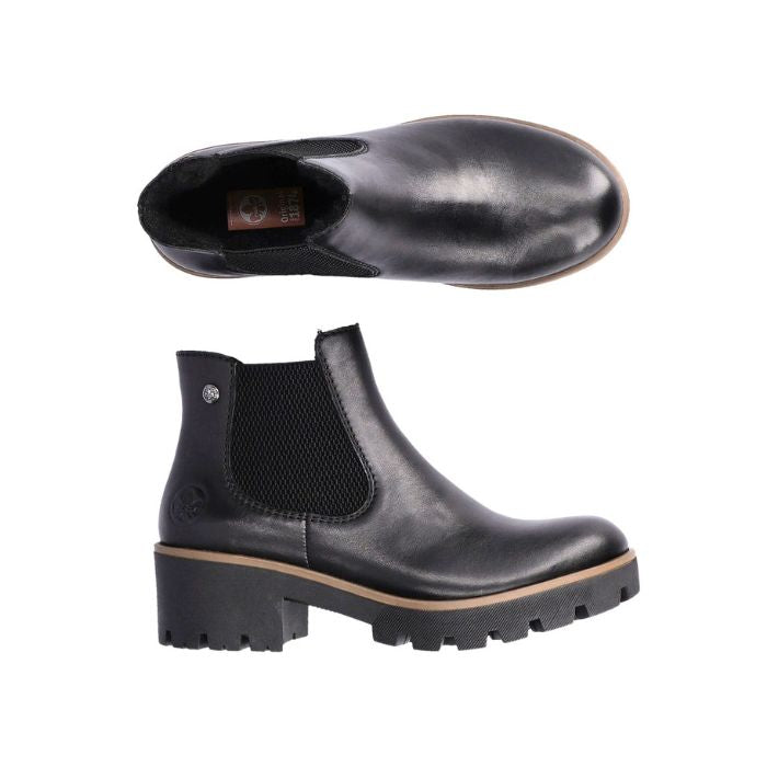 Top and side view of black leather Chelsea boot with platform outsole.