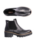 Top and side view of black leather Chelsea boot with platform outsole.