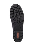 Black rubber boot outsole with traction and red Rieker logo on heel. 