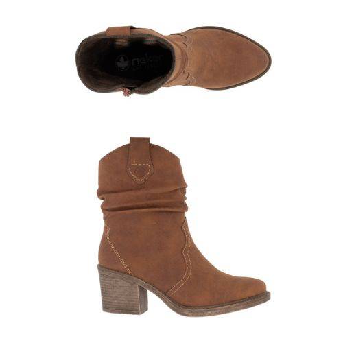 A pair of brown suede western style Rieker boots with side zipper and a dusty brown block heel.