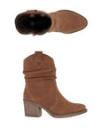 A pair of brown suede western style Rieker boots with side zipper and a dusty brown block heel.