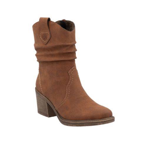 Brown suede western style Rieker boot with dusty brown block heel.