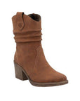 Brown suede western style Rieker boot with dusty brown block heel.