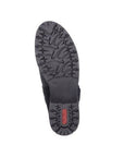 A Rieker black rugged rubber outsole with Red Rieker logo.