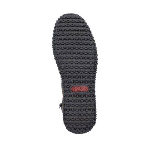 Black outsole with aggressive tread and red Rieker logo in middle.