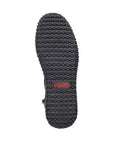 Black outsole with aggressive tread and red Rieker logo in middle.