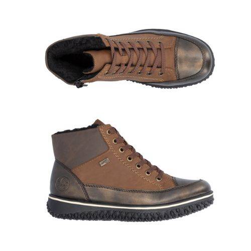 A pair of Rieker brown leather sneaker boots with flat brown laces, grey accents at cuff and heel with silver wrap above white midsole and black aggressive tread.