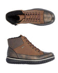 A pair of Rieker brown leather sneaker boots with flat brown laces, grey accents at cuff and heel with silver wrap above white midsole and black aggressive tread.