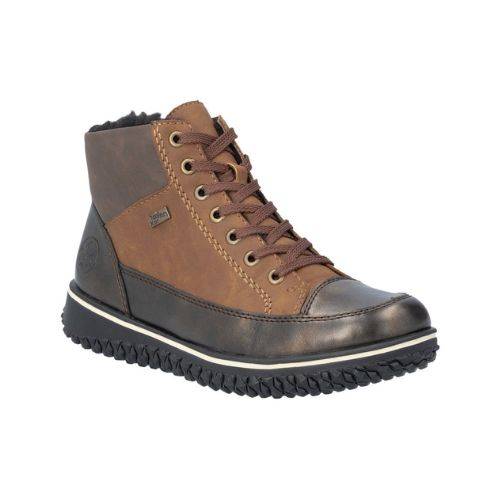 A Rieker brown leather sneaker boot with flat brown laces, grey accents at cuff and heel with silver wrap above white midsole and black aggressive tread.