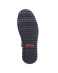 Outsole of sneaker boot with aggressive black tread and red Rieker logo in middle.