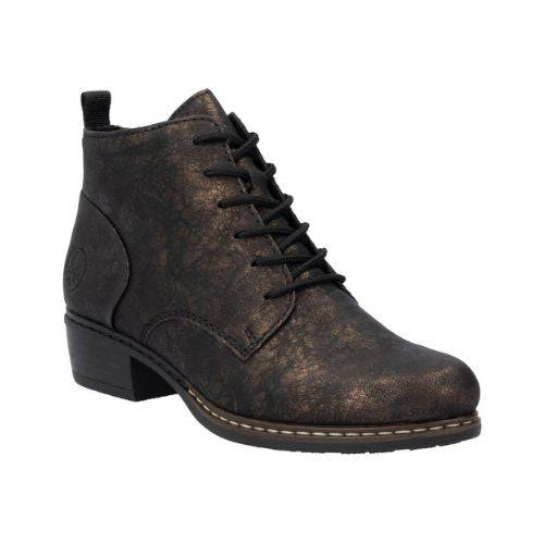 A black Rieker laced, low heel, dress boot with detailed stitching and a bronze dusted finish over the black.