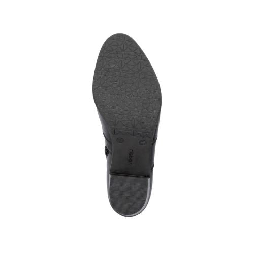 Black rubber outsole with block heel and Rieker logo in middle.