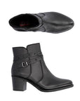 A pair of black leather Rieker dressier block heel boots with  two studded straps and side buckle and zipper.