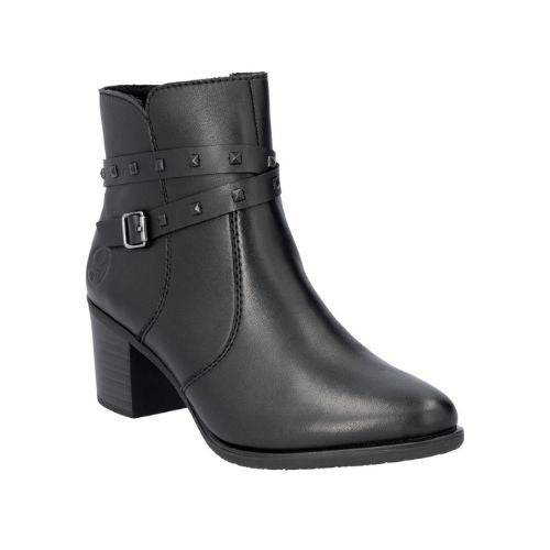 A black leather Rieker dressier block heel boot with  two studded straps and side buckle.