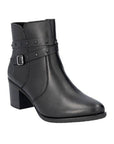 A black leather Rieker dressier block heel boot with  two studded straps and side buckle.