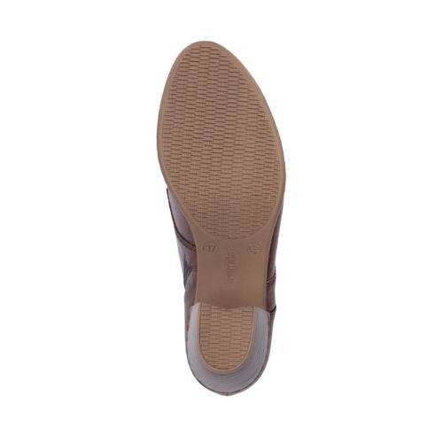 Beige lightly treaded outsole with block heel.