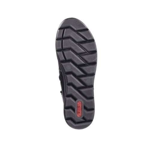 Black outsole with deep zig-zag tread and red Rieker logo at heel.