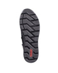 Black outsole with deep zig-zag tread and red Rieker logo at heel.