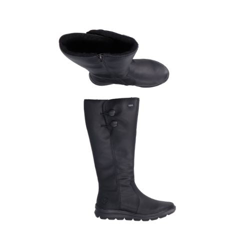 A pair of tall black leather boot with deatail stitching and 2 top buttons and Rieker-tex tab at top.