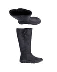 A pair of tall black leather boot with deatail stitching and 2 top buttons and Rieker-tex tab at top.