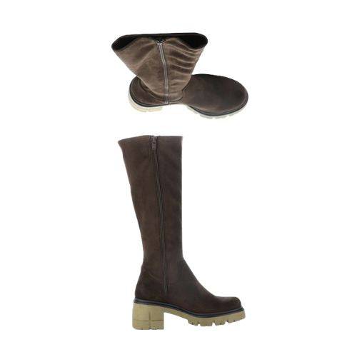 Profile and top view of Brenna tall boot. Showing rounded toe, chunky outsole, and inside zipper closure. 