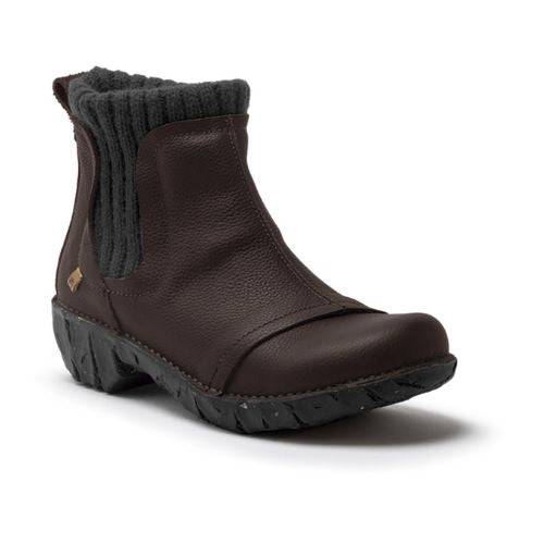 Brown leather Chelsea boot with dark brown wool paneling and a dark brown platform outsole. 