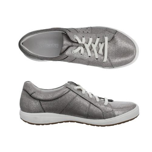 Top and side view of Caren 01 Sneaker in Platinum. Lining is white with Josef Seibel branding. 