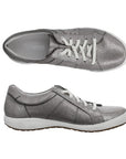 Top and side view of Caren 01 Sneaker in Platinum. Lining is white with Josef Seibel branding. 