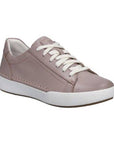 A Josef Seibel sneaker in soft mauve leather with white laces and a white midsole.