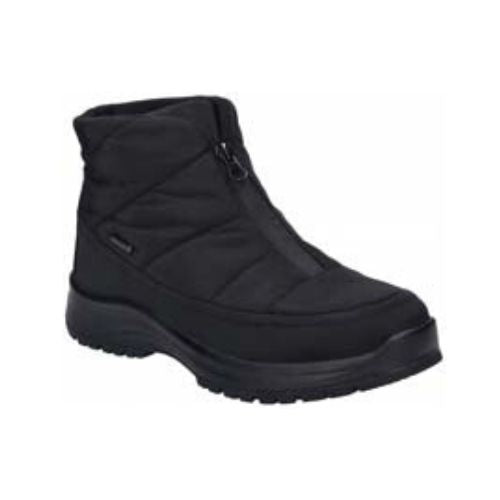 Black ankle boot with a quilted nylon upper and a front zipper closure. Outsole is black. 